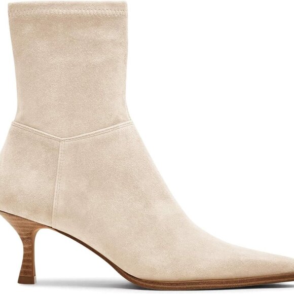 Shoes - Womens Kitten Low Heel Ankle Boots in Beige, Size 9.5, featuring a pointed toe a